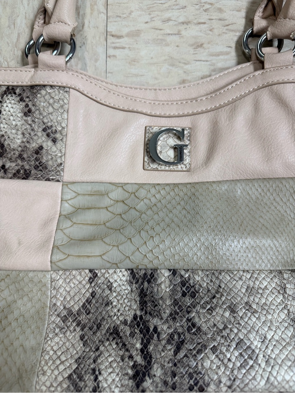 Guess Beige & Snake-Print Patchwork Shoulder Bag